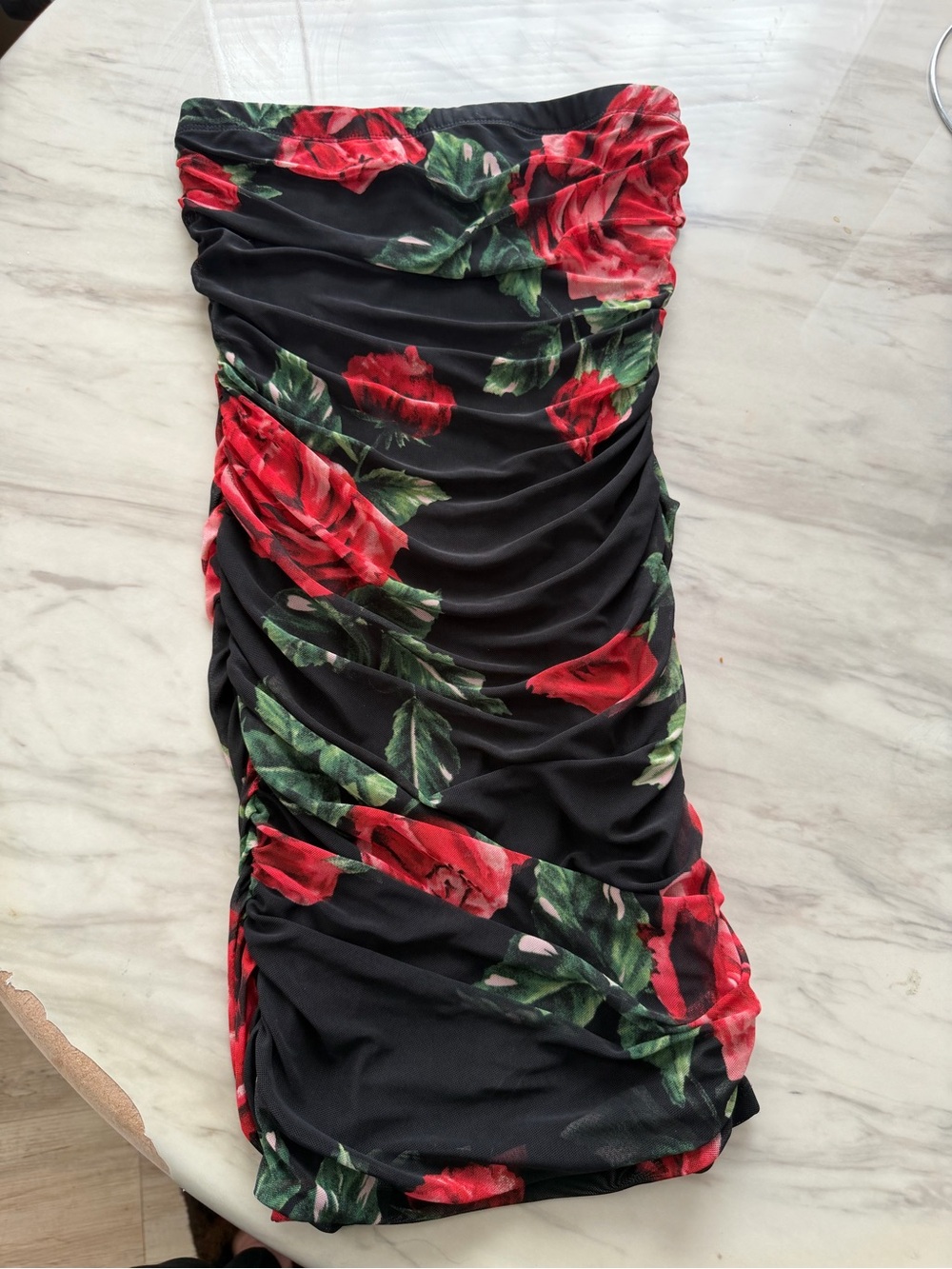 iris Black Strapless Dress with Red Rose Print